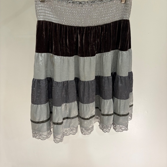 Vintage free people silver lace and velvet banded aline skirt boho smocked waist - Picture 2 of 3